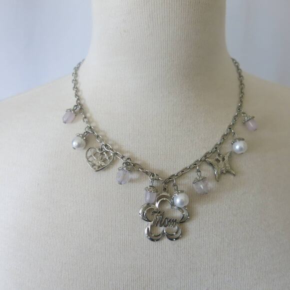 MOM Charm Necklace/Pierced Earring Set Silver Tone Mothers Day Heart "Pearls" - Picture 1 of 14